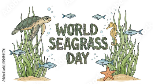 World Sea Grass Day Illustration with Sea Creatures.