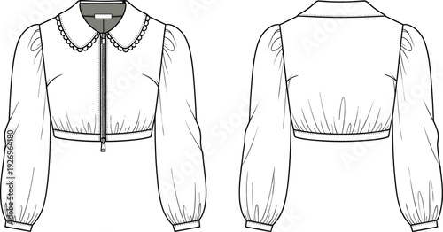 WebWomen cropped zip up jacket fashion technical sketch, peter pan collar puff sleeve blouse vector flat, front and back view