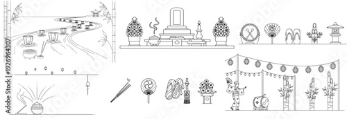 Hand Drawn Obon Festival Scene Collection with River Lanterns, Ancestral Altar and Bon Odori Elements, Japanese Line Art Set
