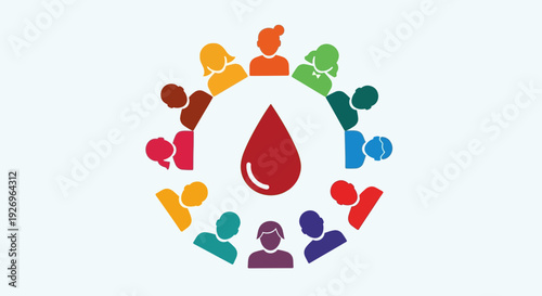 Blood Donation Concept: Diverse People Circle Around Red Drop