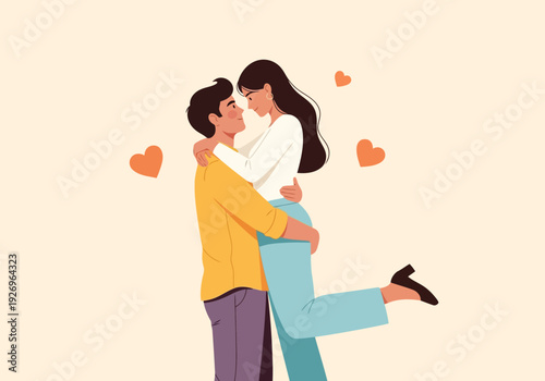 Illustration of a man in a yellow shirt holds a woman in his arms, with hearts floating around them, symbolizing love and romance