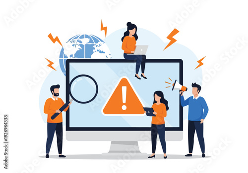 Illustration of people gathered around a computer screen displaying a warning sign, indicating a system error or technical problem