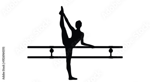 Dancer silhouette stretching at barre. Elegant pose demonstrating flexibility and balance. Dance and fitness training concept.
