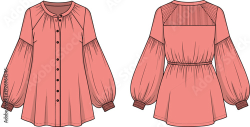 WebWomen long puff sleeve button down tunic blouse fashion technical sketch, vector flat pink shirt front and back view template