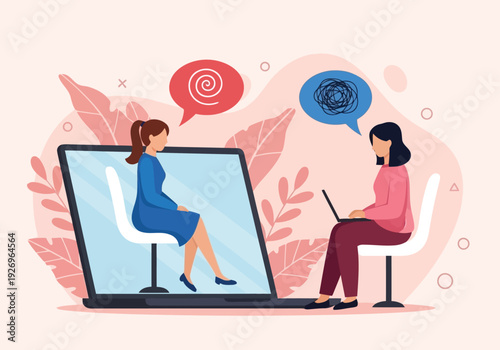 Illustration of online therapy session with two women, one on a laptop and one on a large screen, discussing mental health