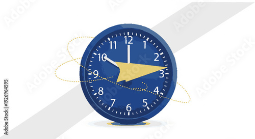 Blue alarm clock with white numbers and yellow hour hand on white background with diagonal shadow symbolizing morning wake up time