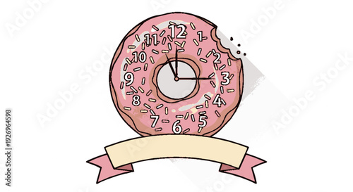 Pink frosted clock donut with a blank banner creative time management concept with sprinkles and modern design