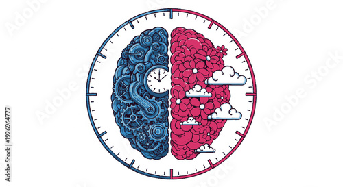 Split brain concept with clock and cloudy sky mental health and time management