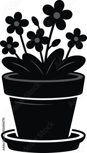 Flower pot silhouette, decorative plant, blooming flowers, gardening icon, home decor, nature design, floral illustration, potted plant, leaves, petals
