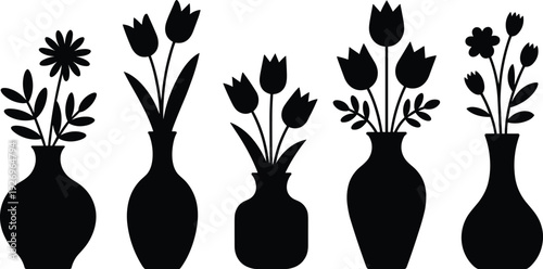 Flower vase silhouettes, decorative floral arrangements, tulip flowers, daisy flowers, botanical design, home decor, nature illustration, potted plants, leaves, petals