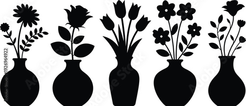 Flower vase silhouettes, floral arrangements, daisy bouquet, rose petals, tulip stems, five‑petaled flowers, decorative foliage, botanical design illustration