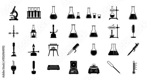 Laboratory equipment icons set including microscope beaker flask test tube and various scientific tools on white background for science and research themes