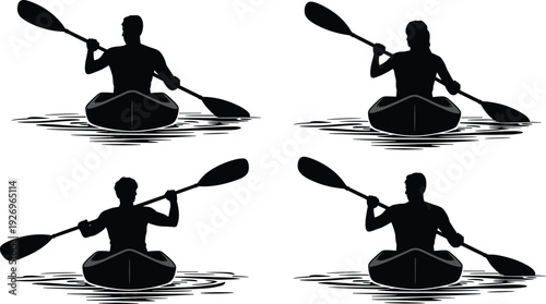 Kayaking silhouettes illustration set, water sport vector artwork, outdoor recreation design graphics, adventure icons collection, paddling lifestyle symbol