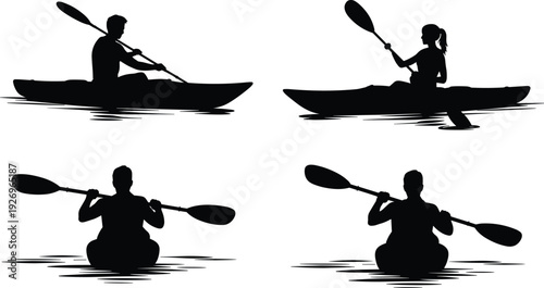 Kayaking silhouettes, people paddling, side view, front view, dynamic posture, water sport, outdoor recreation, leisure activity, nature illustration