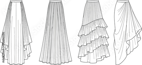 Women's Long Maxi Skirt Set Fashion Technical Sketch, Pleated Ruffle Draped Designs, Front View CAD Drawing Flat Vector Illustration Apparel Design