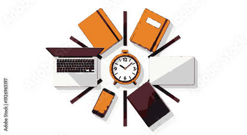 Flat design illustration of productivity featuring a clock surrounded by laptops tablets smartphones books and notebooks