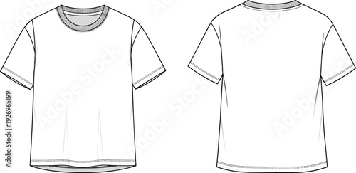 Women's Classic Crew Neck T-Shirt Fashion Technical Sketch, Short Sleeve Cotton Top, Front and Back View CAD Drawing Flat Vector Illustration