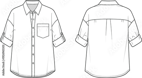 Women's Button Down Shirt Fashion Technical Sketch, Long Sleeve with Roll Up Tab, Front Back View CAD Drawing Flat Vector Illustration