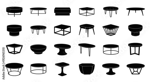Collection of 25 black and white coffee table icons in various shapes and styles on plain background