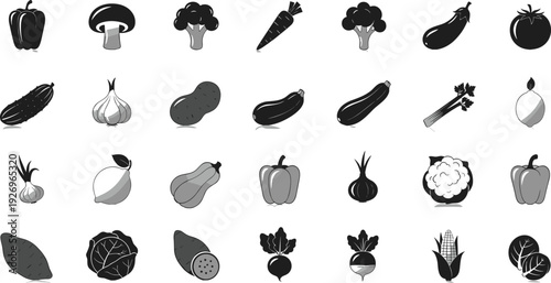 Vegetable Icons Set Black Silhouette Vector Illustration with Pepper, Mushroom, Broccoli, Carrot, Tomato and More