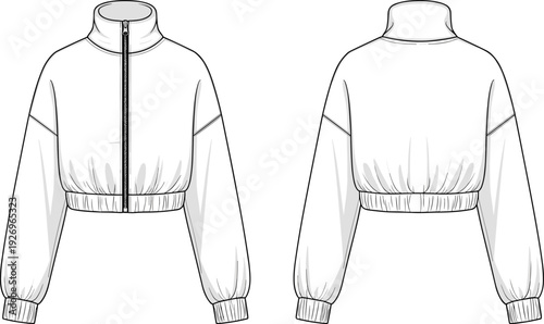 Women's Cropped Track Jacket Fashion Technical Sketch, Long Sleeve Mock Neck Zip Up Pullover, Front Back View CAD Drawing Flat Vector Illustration