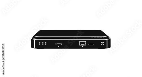 Black computer mini pc with various ports on front and top isolated on white background for technology and innovation concepts