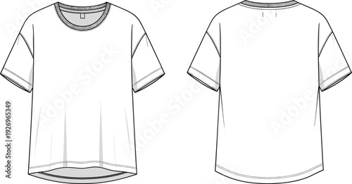Women's Oversized Short Sleeve T-Shirt Fashion Technical Sketch, Crew Neck Loose Fit Top, Front and Back View CAD Drawing Flat Vector Illustration