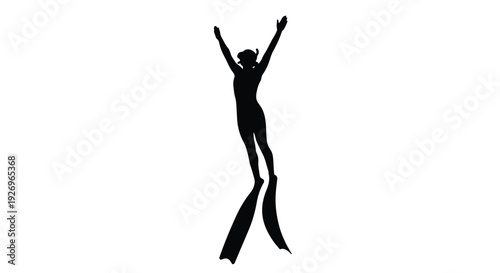 Silhouette illustration of a person in a diving mask and fins with arms raised. Concept of freedom, underwater exploration, and aquatic sports.