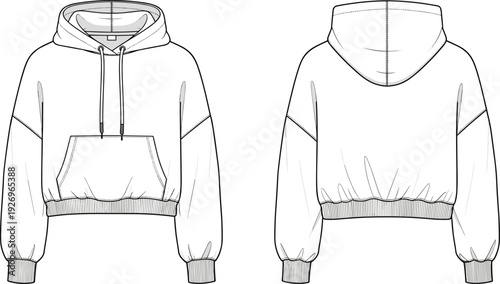 Women's Cropped Hoodie Sweatshirt Fashion Technical Sketch, Long Sleeve Pullover with Pocket, Front and Back View CAD Drawing Flat Vector Illustration