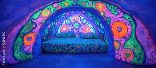 Psychedelic Dreamscape: Fluorescent Bed in a Groovy Grotto