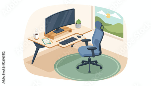 Contemporary vector illustration of a productive home office, featuring a sleek desk, computer, ergonomic chair, and window view, ideal for remote work