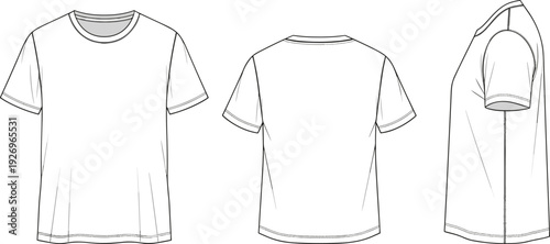 Men's Basic Short Sleeve T-Shirt Fashion Technical Sketch, Front Back and Side View, CAD Drawing Flat Vector Illustration Apparel Design