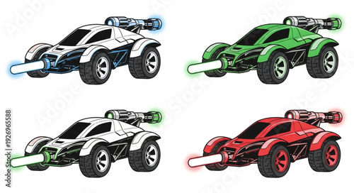 Four colorful rocket league cars in different colors, ready for action and competition.