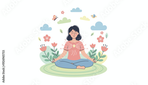 Serene flat vector illustration of a woman meditating in nature, fostering mindfulness and inner peace for holistic well-being and emotional balance