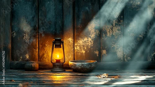 Vintage lantern illuminating rustic wooden setting
