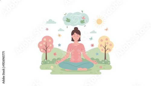 Peaceful woman meditating outdoors in a park, surrounded by nature and tranquil elements, symbolizing mindfulness and well-being