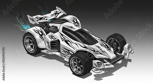 Futuristic white racing car with intricate black design and aerodynamic features, ready for speed.