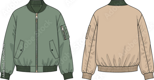 Unisex MA-1 Flight Bomber Jacket Fashion Technical Sketch Front and Back View CAD Drawing Flat Vector Illustration for Apparel Design Development
