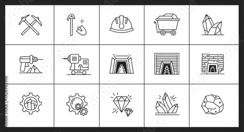 Mining and mineral extraction tools and equipment icons set.