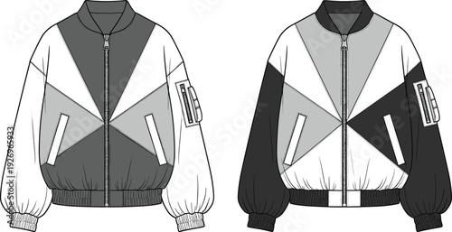 Unisex Color Block Bomber Jacket Fashion Technical Sketch CAD Drawing Flat Vector Illustration, Streetwear Outerwear Design Template, Front View Set