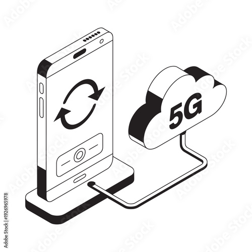 Isometric illustration depicting a smartphone connecting to a 5g cloud network