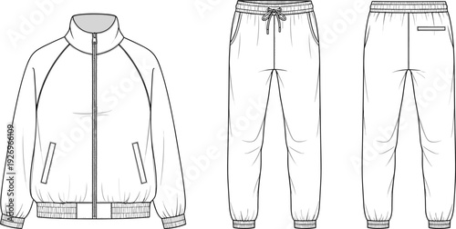 Unisex tracksuit technical fashion flat sketch, zip up raglan jacket and jogger pants set, CAD vector drawing, apparel design template