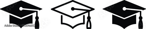 Graduation cap icon with tassel set in flat, outline, and silhouette styles