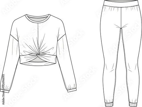 Technical flat fashion sketch of a women's twist front cropped sweatshirt and leggings set cad drawing flat vector illustration apparel