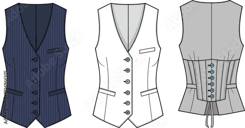Technical flat fashion sketch of a women's tailored waistcoat vest with pinstripe detail cad drawing flat vector illustration apparel design