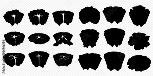 Set of black tree stump silhouettes with different textures and shapes, isolated on a transparent background.