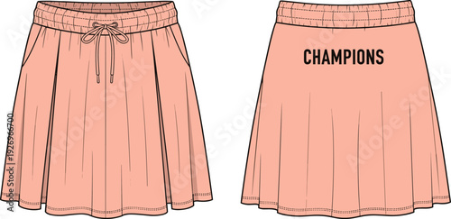 Fashion technical sketch of a women’s peach pleated athletic skirt with elastic drawstring waistband and champions text graphic on back, cad drawing flat vector illustration