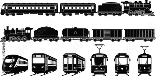 Train Silhouette Collection Featuring Steam Locomotive, Freight Wagons, Passenger Coaches and Modern Metro Rail Vehicles for Transportation Design