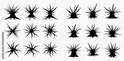 Set of black silhouettes of scary trees or bushes with sharp branches, isolated on a transparent background.