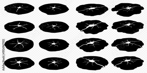 Set of black silhouettes of cracked earth, dry soil, and broken ground textures on a transparent background.